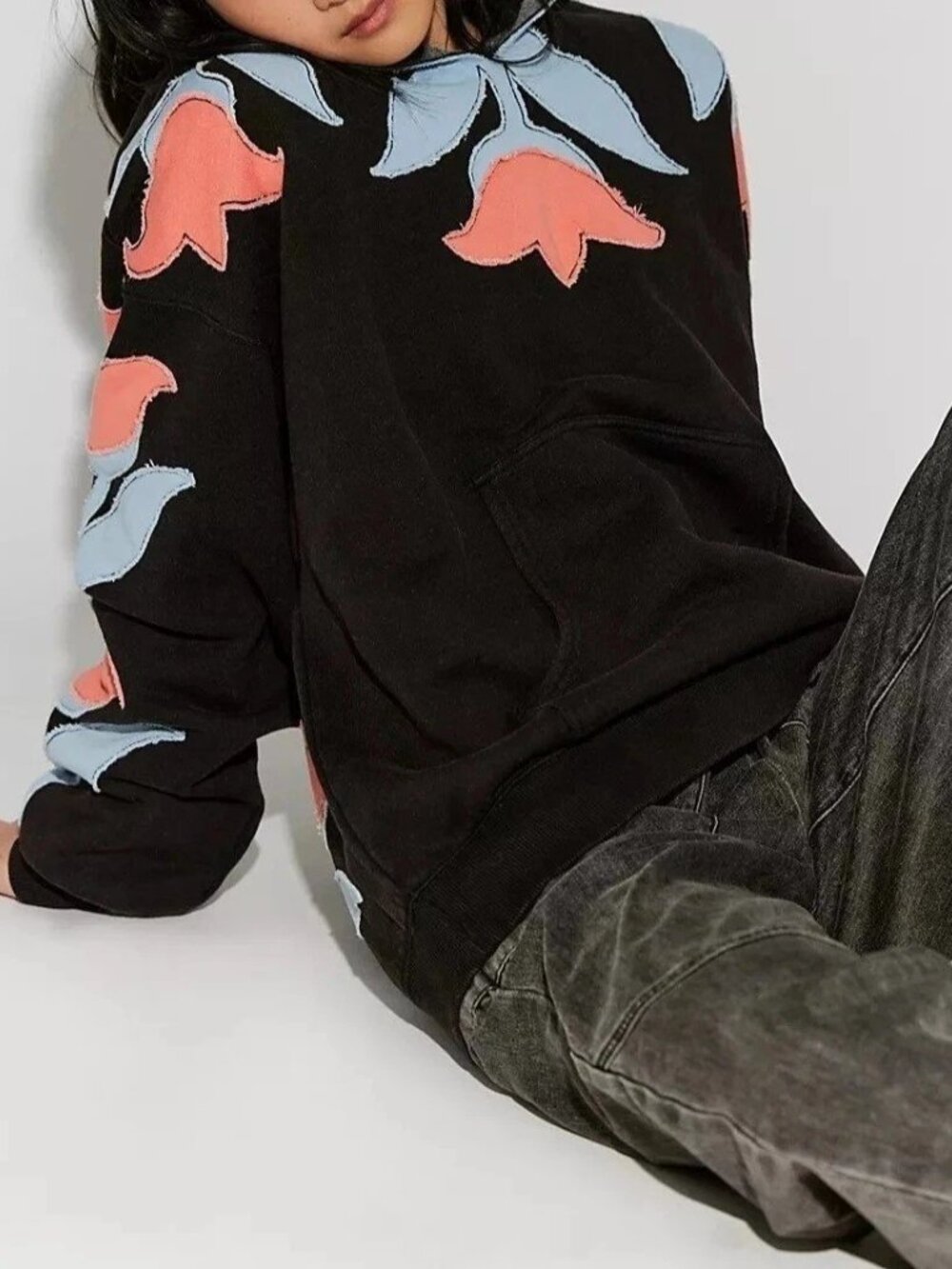 Free People We The Free it's a Vibe Flowers Hoodie Tunic Top Oversized L 290530